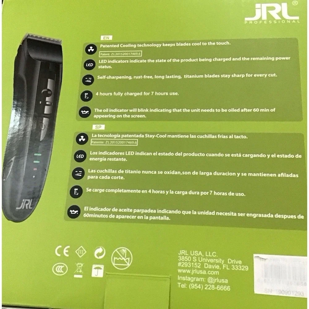 JRL Professional 1090 Cordless Hair Clipper‎ 4 Hour Charge 7 Hour Use